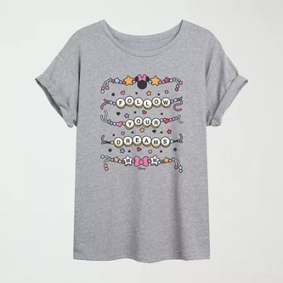 Hybrid Tees Friendship Bracelet Womens Juniors Crew Neck Short Sleeve Oversized Minnie Mouse Graphic T-shirt In Gray