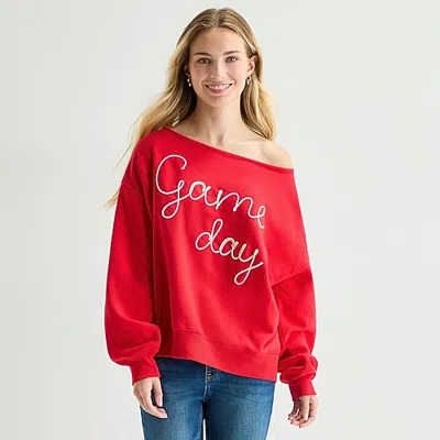 Hybrid Tees Game Day Fleece Womens Juniors Crew Neck Long Sleeve Sweatshirt In Red