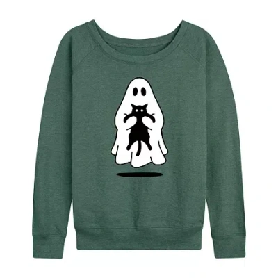 Hybrid Tees Ghost Holding Black Cat Womens Round Neck Long Sleeve Regular Fit Graphic T-shirt In Green