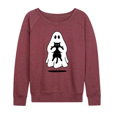 Hybrid Tees Ghost Holding Black Cat Womens Round Neck Long Sleeve Regular Fit Graphic T-shirt In Red