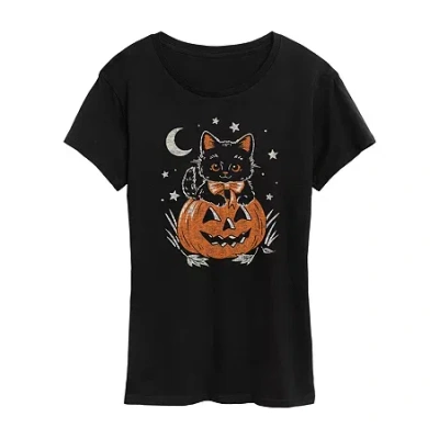 Hybrid Tees Halloween Kitten Womens Crew Neck Short Sleeve Regular Fit Graphic T-shirt In Black