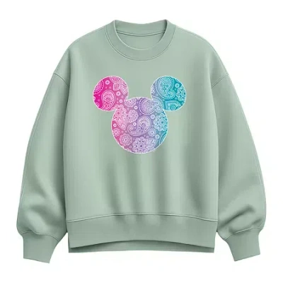 Hybrid Tees Head Bandana Womens Crew Neck Long Sleeve Mickey Mouse Pullover Sweater In Green