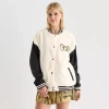 Hybrid Tees Hello Kitty Girls Night Out Faux Fur Womens Juniors Hello Kitty Fleece Midweight Bomber Jacket In Sand