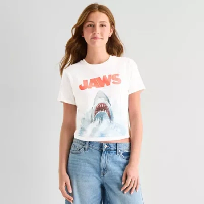 Hybrid Tees Jaws Baby Tee Womens Juniors Crew Neck Short Sleeve Fitted Graphic T-shirt In White