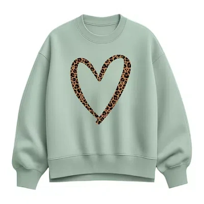 Hybrid Tees Leopard Heart Womens Crew Neck Long Sleeve Pullover Sweater In Green
