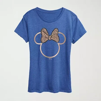 Hybrid Tees Leopard Print Bow Womens Plus Crew Neck Short Sleeve Regular Fit Minnie Mouse Graphic T-shirt In Blue