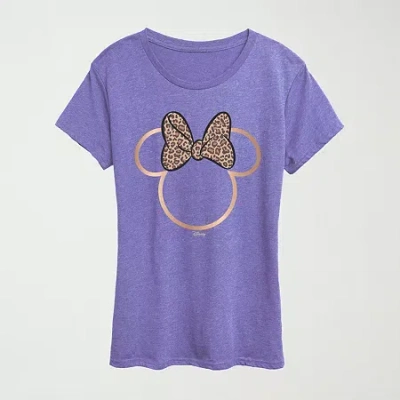 Hybrid Tees Leopard Print Bow Womens Plus Crew Neck Short Sleeve Regular Fit Minnie Mouse Graphic T-shirt In Purple