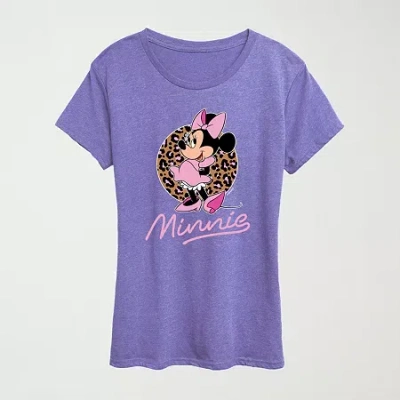 Hybrid Tees Leopard Print Womens Plus Crew Neck Short Sleeve Regular Fit Minnie Mouse Graphic T-shirt In Purple