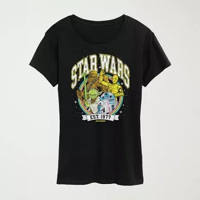 Hybrid Tees Logo Yoda Chewie C-3po R2d2 Womens Plus Crew Neck Short Sleeve Regular Fit Star Wars Graphic T-shirt In Black