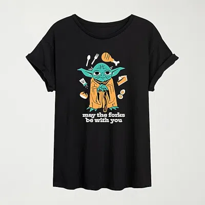 Hybrid Tees May The Forks Be With You Womens Crew Neck Short Sleeve Oversized Graphic T-shirt In Black