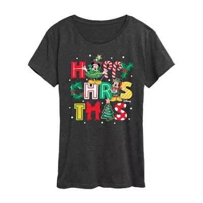 Hybrid Tees Mickey Happy Chrstms Womens Crew Neck Short Sleeve Regular Fit Mickey And Friends Graphic T-shirt In Gray