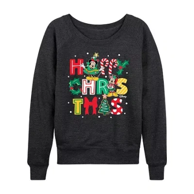 Hybrid Tees Mickey Happy Chrstms Womens Round Neck Long Sleeve Regular Fit Mickey And Friends Graphic T-shirt In Black