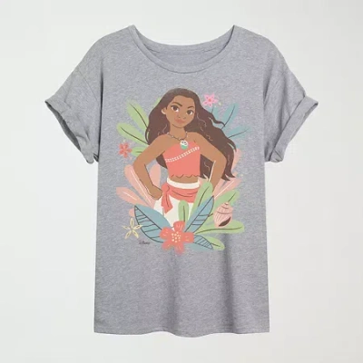 Hybrid Tees Moana Floral Vintage Faded Womens Juniors Crew Neck Short Sleeve Oversized Moana Graphic T-shirt In Gray