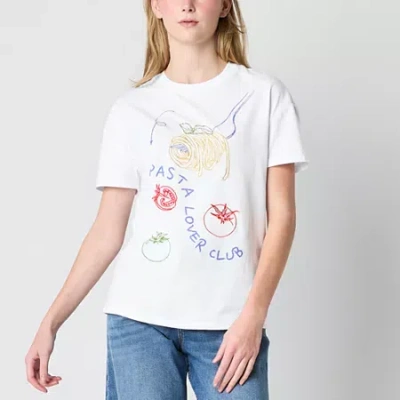Hybrid Tees Pasta Club Boyfriend Womens Juniors Crew Neck Short Sleeve Regular Fit Graphic T-shirt In White
