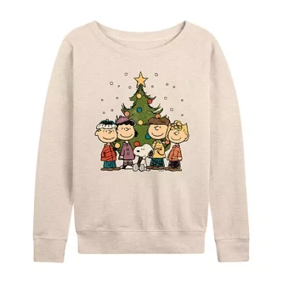 Hybrid Tees Peanuts Christmas Group Womens Boat Neck Long Sleeve Regular Fit Peanuts Graphic T-shirt In Neutral