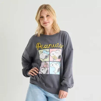 Hybrid Tees Peanuts Crew Fleece Womens Juniors Crew Neck Long Sleeve Peanuts Sweatshirt In Gray