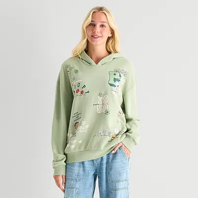 Hybrid Tees Peanuts Hoodie Womens Juniors Long Sleeve Peanuts Fleece Hoodie In Green