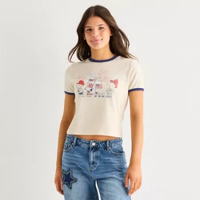 Hybrid Tees Peanuts Ringer Tee Womens Crew Neck Short Sleeve Regular Fit Peanuts Graphic T-shirt In White