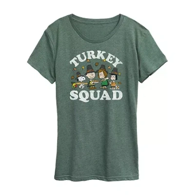 Hybrid Tees Peanuts Turkey Squad Womens Crew Neck Short Sleeve Regular Fit Peanuts Graphic T-shirt In Green