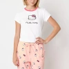 Hybrid Tees Pointelle Ringer Womens Juniors Crew Neck Short Sleeve Fitted Hello Kitty Graphic T-shirt In White