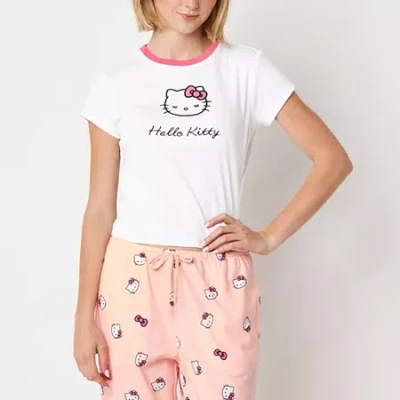 Hybrid Tees Pointelle Ringer Womens Juniors Crew Neck Short Sleeve Fitted Hello Kitty Graphic T-shirt In White