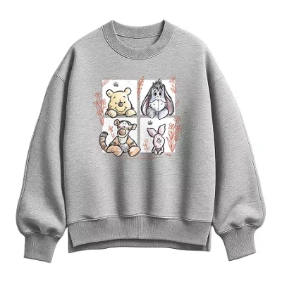 Hybrid Tees Pooh Character Grid Womens Crew Neck Long Sleeve Winnie The Pooh Pullover Sweater In Gray