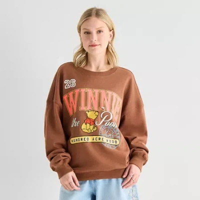 Hybrid Tees Pooh Crew Fleece Womens Juniors Crew Neck Long Sleeve Winnie The Pooh Sweatshirt In Brown