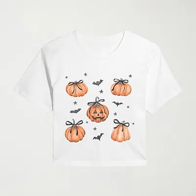 Hybrid Tees Pumpkin Bows Halloween Womens Crew Neck Short Sleeve Regular Fit Graphic T-shirt In White