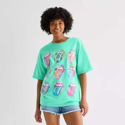 Hybrid Tees Rolling Stones Oversized Tee Womens Juniors Crew Neck Short Sleeve Regular Fit Graphic T-shirt In Green