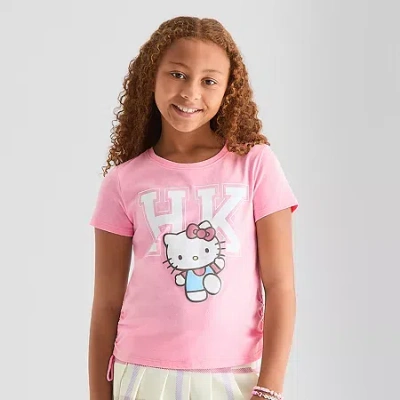 Hybrid Tees Side Cinch Little & Big Kid Girls Crew Neck Short Sleeve Regular Fit Hello Kitty Graphic T-shirt In Pink