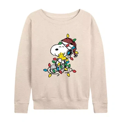Hybrid Tees Snoopy Woodstock Christmas Womens Boat Neck Long Sleeve Regular Fit Snoopy Graphic T-shirt In Nude