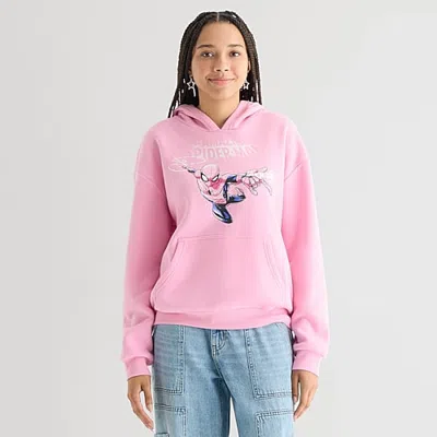 Hybrid Tees Spiderman Hoodie Womens Juniors Long Sleeve Spiderman Fleece Hoodie In Pink
