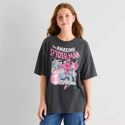 Hybrid Tees Spiderman Oversized Tee Womens Juniors Crew Neck Short Sleeve Oversized Spiderman Graphic T-shirt In Gray