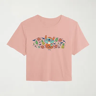 Hybrid Tees Stitch Pumpkin Florals Womens Crew Neck Short Sleeve Regular Fit Graphic T-shirt In Pink