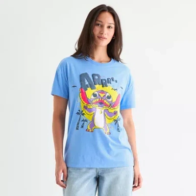 Hybrid Tees Stitch Scary Boyfriend Womens Juniors Crew Neck Short Sleeve Regular Fit Lilo & Stitch Graphic T-shi In Blue