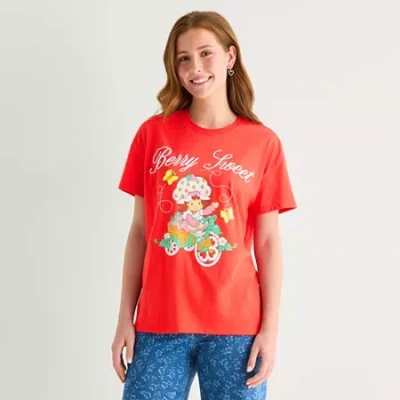 Hybrid Tees Strawberry Shorcake Boyfriend Tee Womens Juniors Crew Neck Short Sleeve Oversized Strawberry Shortca In Pink