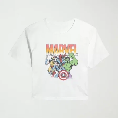 Hybrid Tees Summer Avengers Vintage Faded Cropped Womens Juniors Crew Neck Short Sleeve Classic Fit Avengers Mar In White