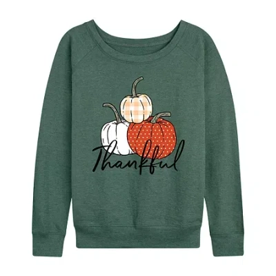 Hybrid Tees Thankful Pumpkins Womens Boat Neck Long Sleeve Regular Fit Graphic T-shirt In Green