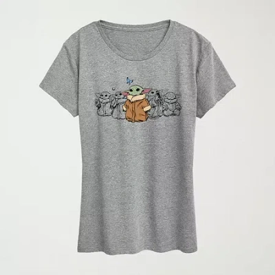 Hybrid Tees The Mandalorian Grogu Butterfly Womens Plus Crew Neck Short Sleeve Regular Fit Baby Yoda Star Wars G In Gray