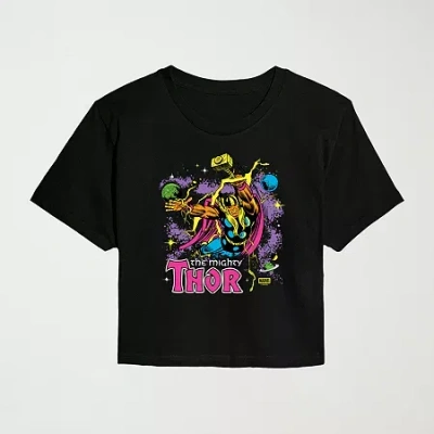 Hybrid Tees The Mighty Thor Neon Cropped Womens Juniors Crew Neck Short Sleeve Classic Fit Marvel Thor Graphic T In Black
