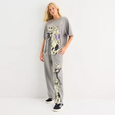 Hybrid Tees Tim Burton's Womens Juniors Drawstring Waist Straight Nightmare Before Christmas Fleece Sweatpant In Gray