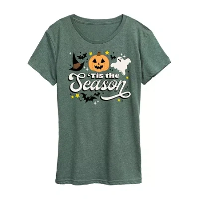 Hybrid Tees Tis The Season Fall Womens Crew Neck Short Sleeve Regular Fit Graphic T-shirt In Green