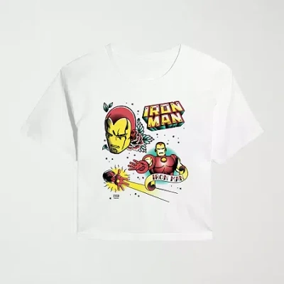 Hybrid Tees Traditional Tattoo Womens Juniors Crew Neck Short Sleeve Classic Fit Iron Man Marvel Graphic T-shirt In White