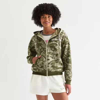 Hybrid Tees Tree Camo Womens Long Sleeve Embroidered Hello Kitty Fleece Zipper Hoodie In Green