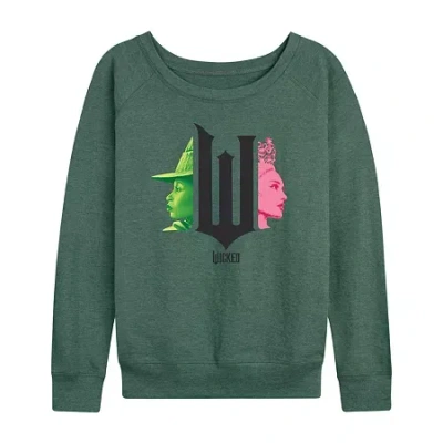 Hybrid Tees Wicked Elphaba Glinda Womens Round Neck Long Sleeve Regular Fit Wicked Graphic T-shirt In Green