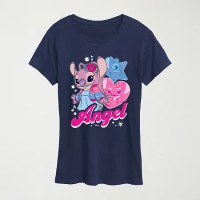 Hybrid Tees Womens Crew Neck Short Sleeve Regular Fit Lilo & Stitch Graphic T-shirt In Blue