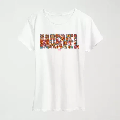 Hybrid Tees Womens Crew Neck Short Sleeve Regular Fit Marvel Graphic T-shirt In White