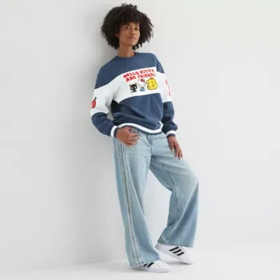 Hybrid Tees Womens Juniors Crew Neck Long Sleeve Hello Kitty Sweatshirt In Blue