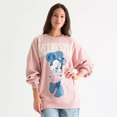 Hybrid Tees Womens Juniors Crew Neck Long Sleeve Mickey And Friends Minnie Mouse Sweatshirt In Pink