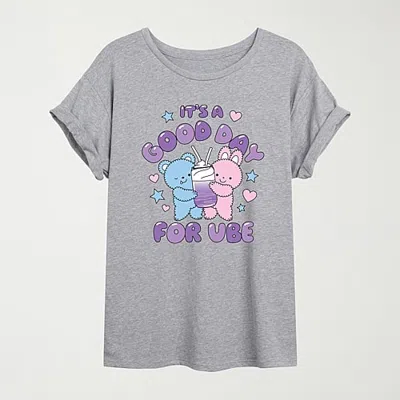 Hybrid Tees Womens Juniors Crew Neck Short Sleeve Oversized Graphic T-shirt In Gray
